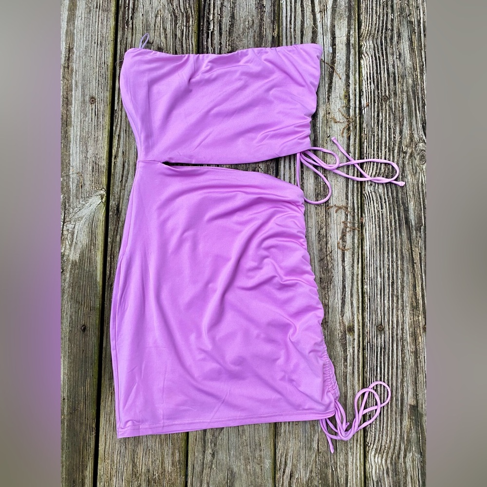 Light Purple Superdown Cutout Strapless Tube Ruched Drawstring Bodycon Dress